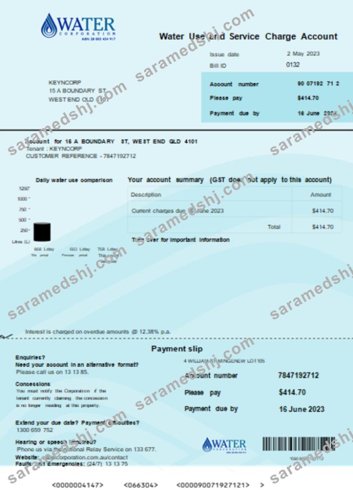 Water Corporation WA utility business bill, SCR
